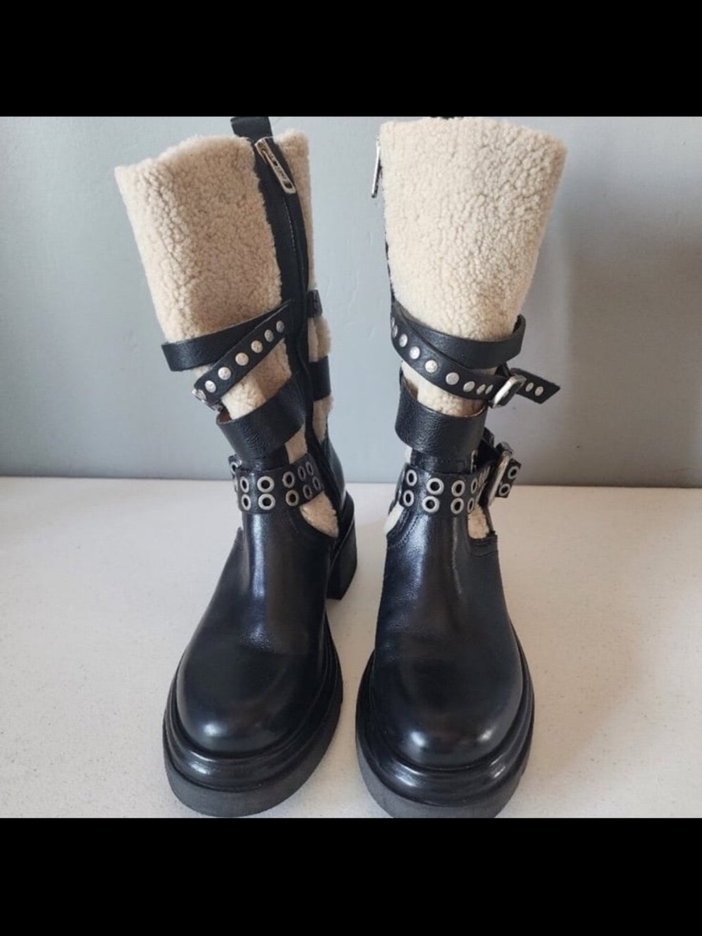 A.S.98 Emmons Shearling & Black Leather Moto Boots w/ Buckle Straps, Biker, 8.5 - Picture 6 of 12